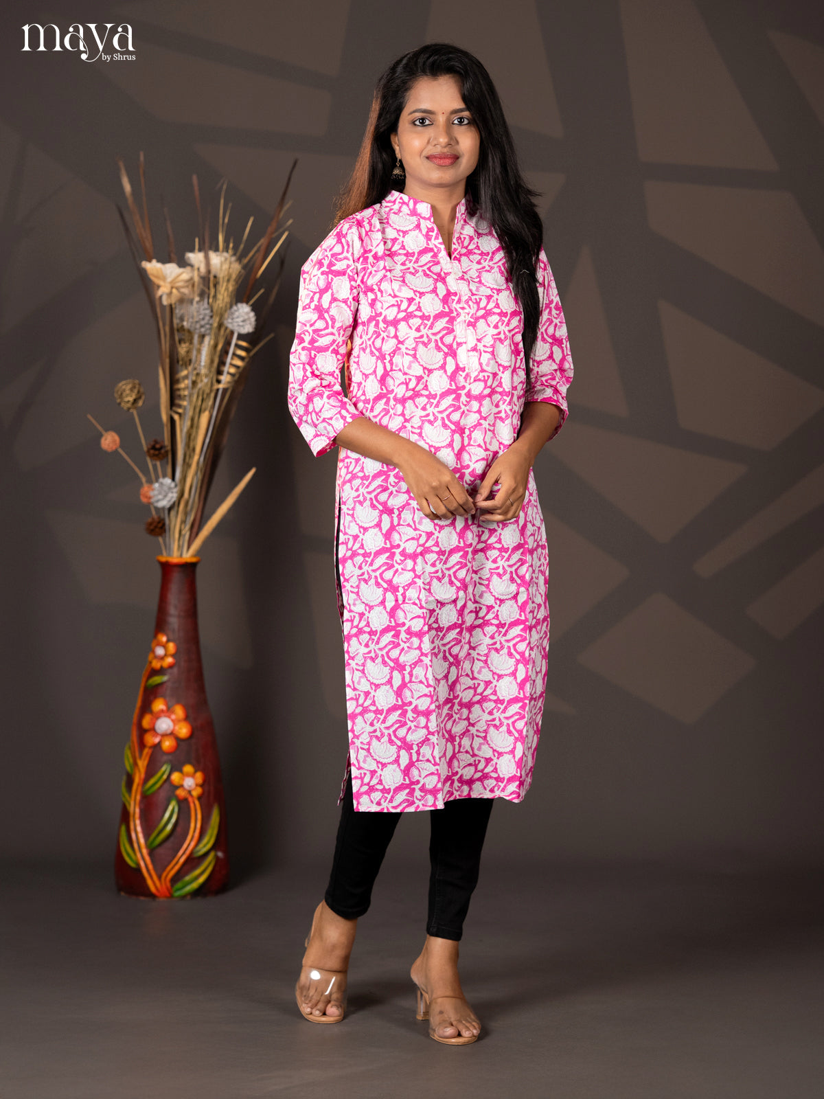 Pink Floral Printed Cotton Straight Kurti