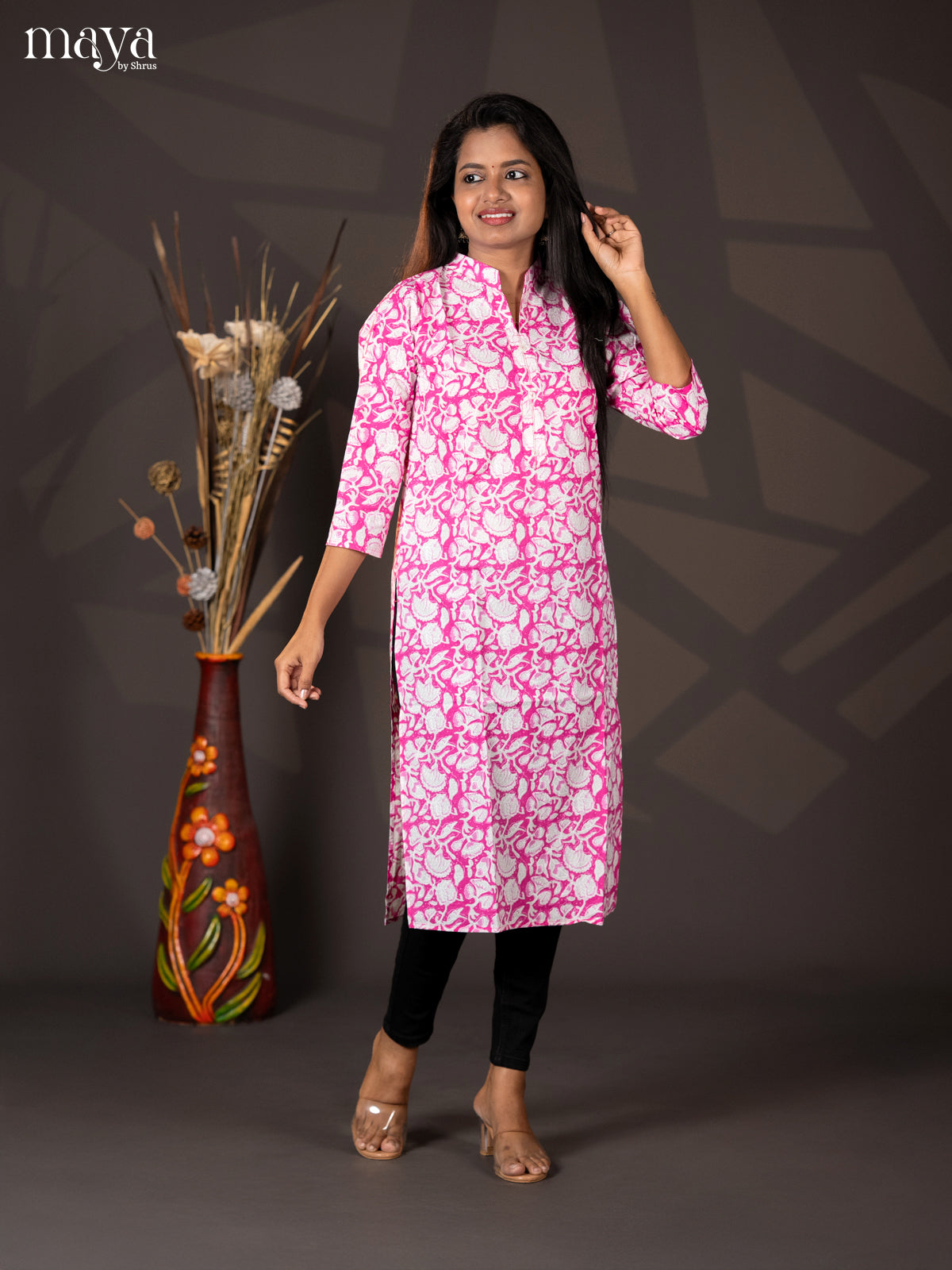 Pink Floral Printed Cotton Straight Kurti