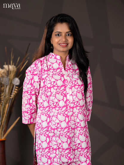Pink Floral Printed Cotton Straight Kurti