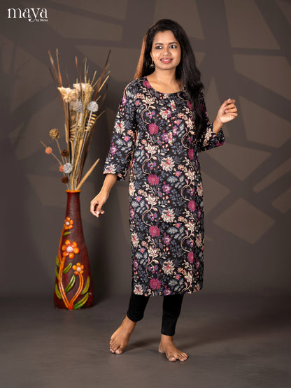 Black Floral Printed Cotton Straight Kurti