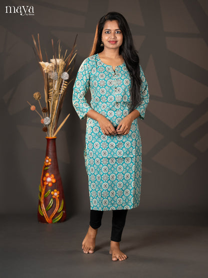Teal Blue Ajrakh printed Cotton Straight Kurti