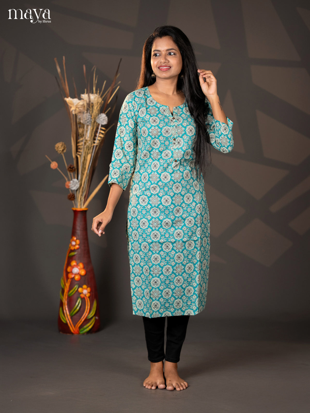Teal Blue Ajrakh printed Cotton Straight Kurti