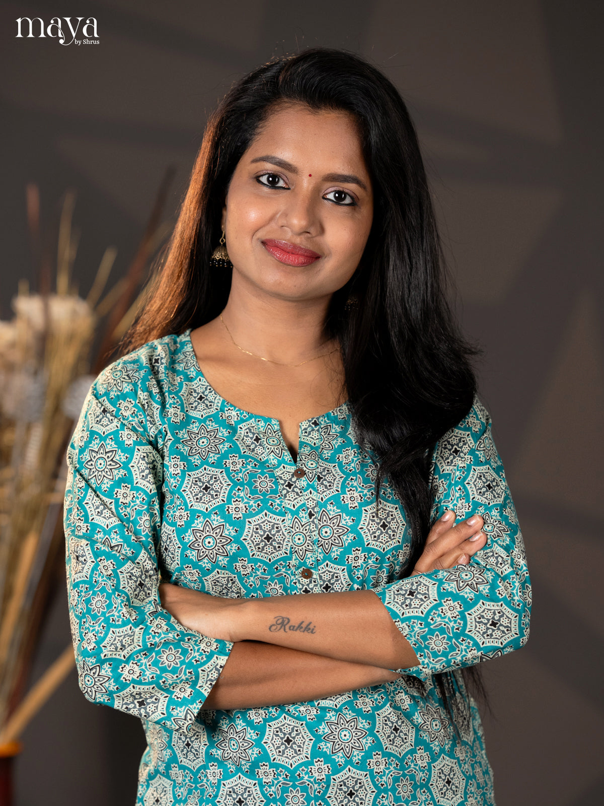 Teal Blue Ajrakh printed Cotton Straight Kurti