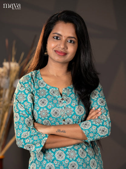 Teal Blue Ajrakh printed Cotton Straight Kurti