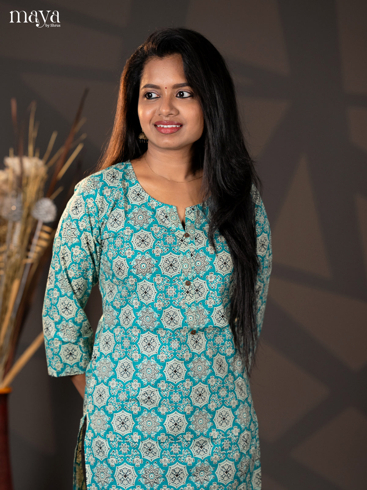Teal Blue Ajrakh printed Cotton Straight Kurti