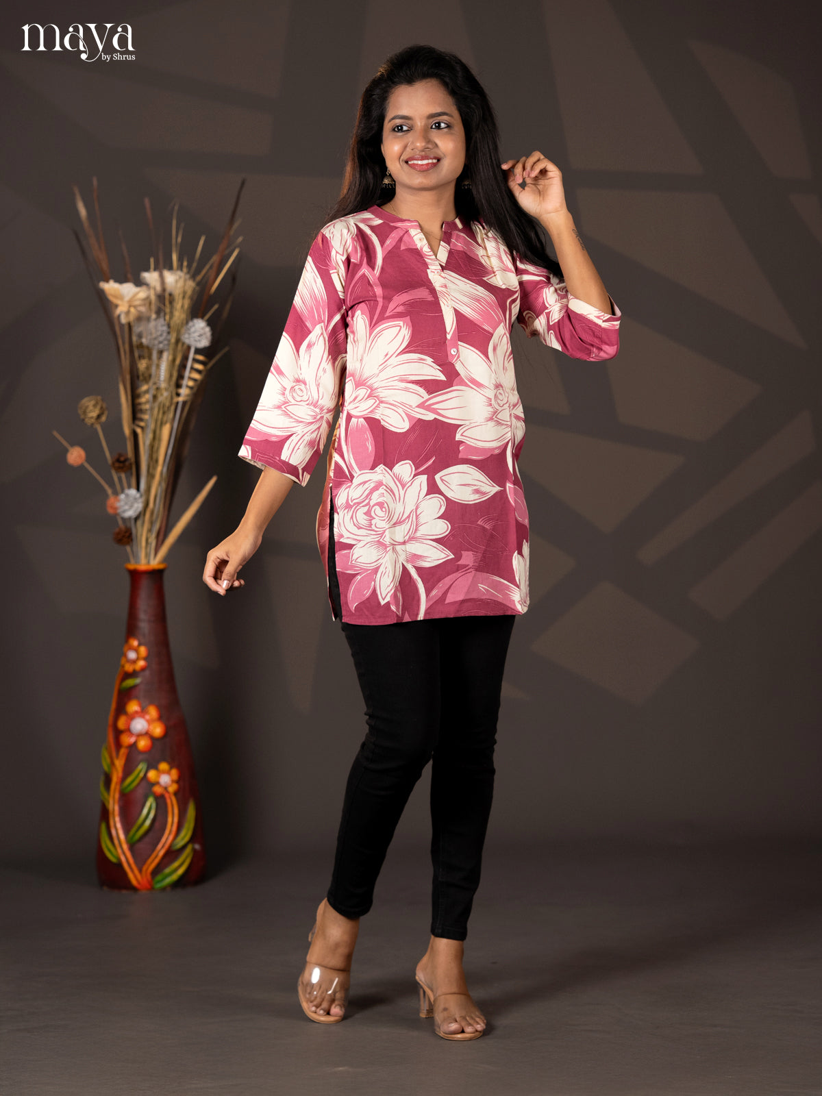 Dark onion pink Floral Printed Cotton Short Straight Kurta