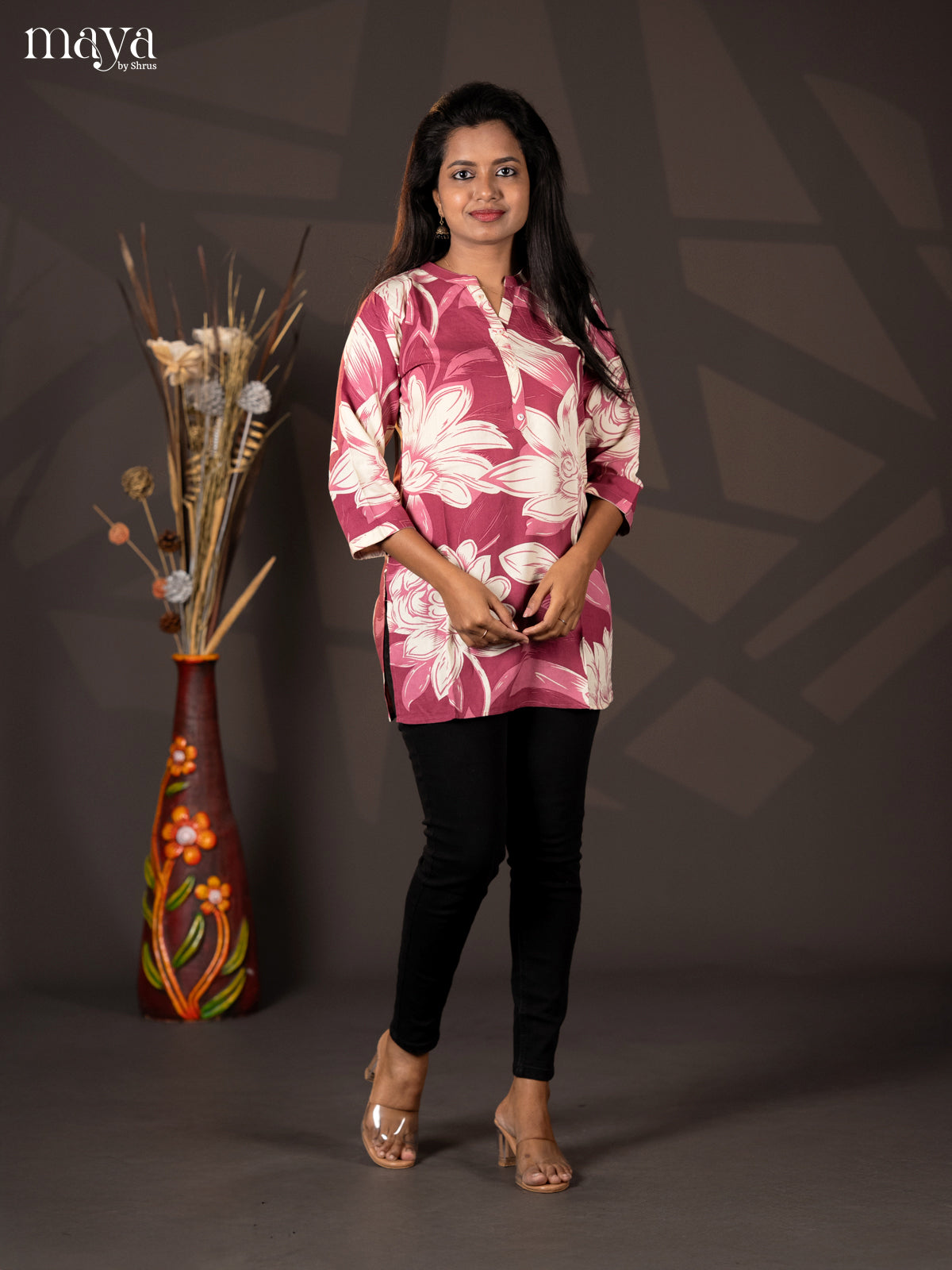 Dark onion pink Floral Printed Cotton Short Straight Kurta