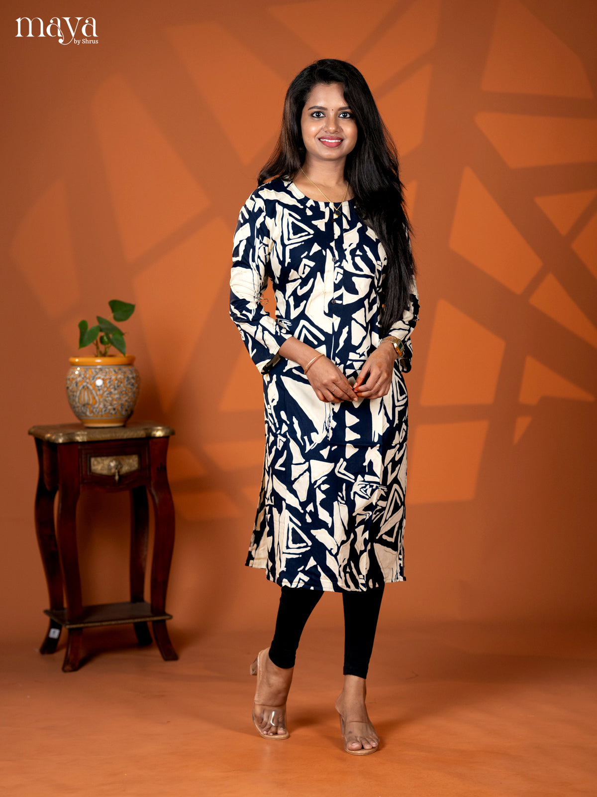 Dark Navy Blue Abstract Printed Rayon Straight Kurti