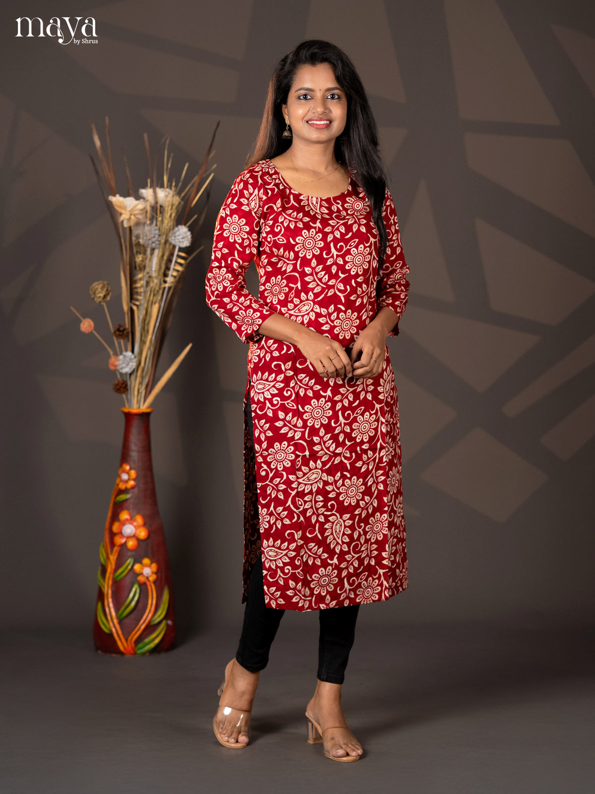 Maroon Floral Printed Rayon Straight Kurti