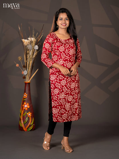 Maroon Floral Printed Rayon Straight Kurti