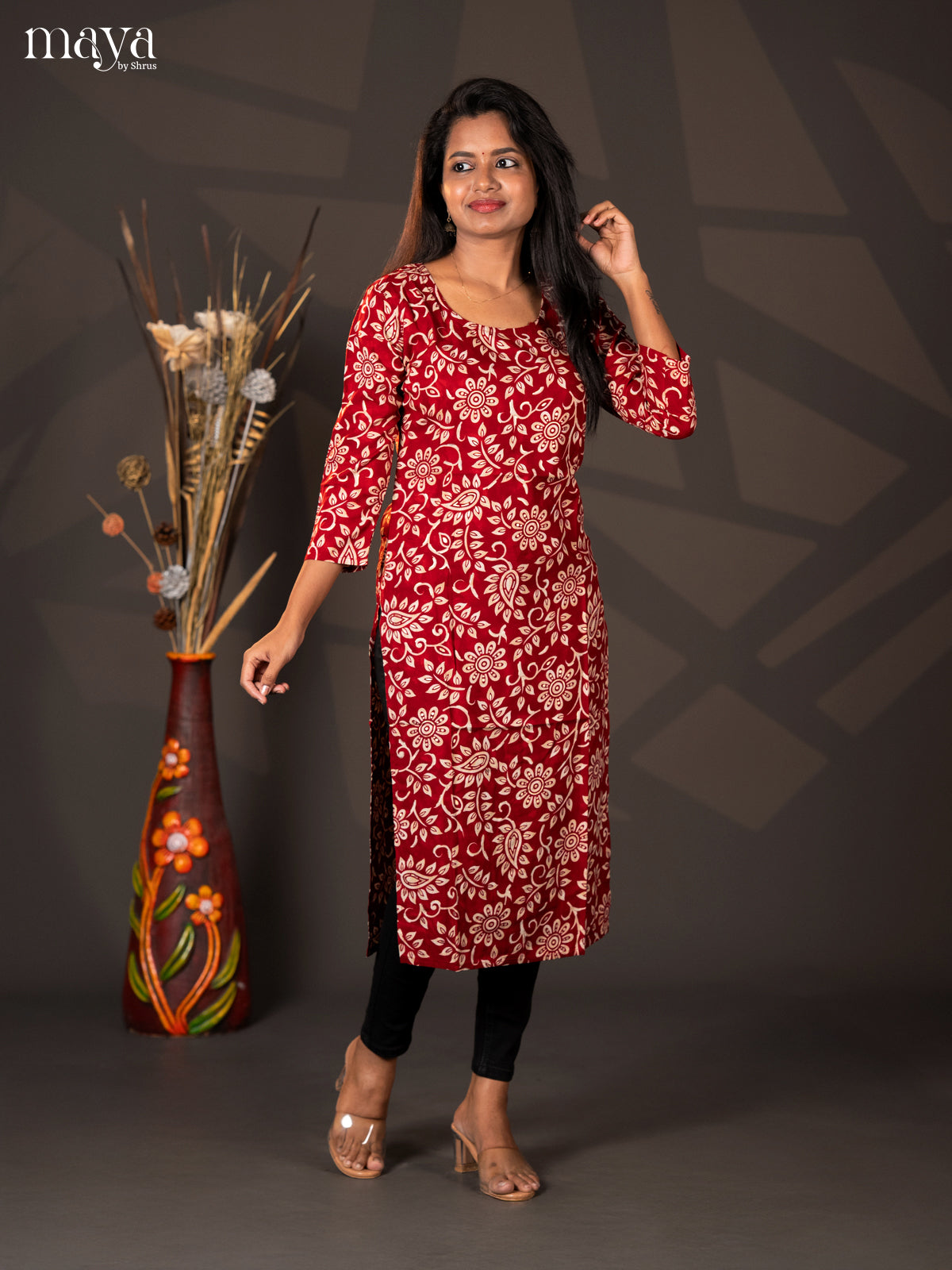 Maroon Floral Printed Rayon Straight Kurti