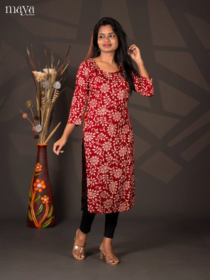 Maroon Floral Printed Rayon Straight Kurti