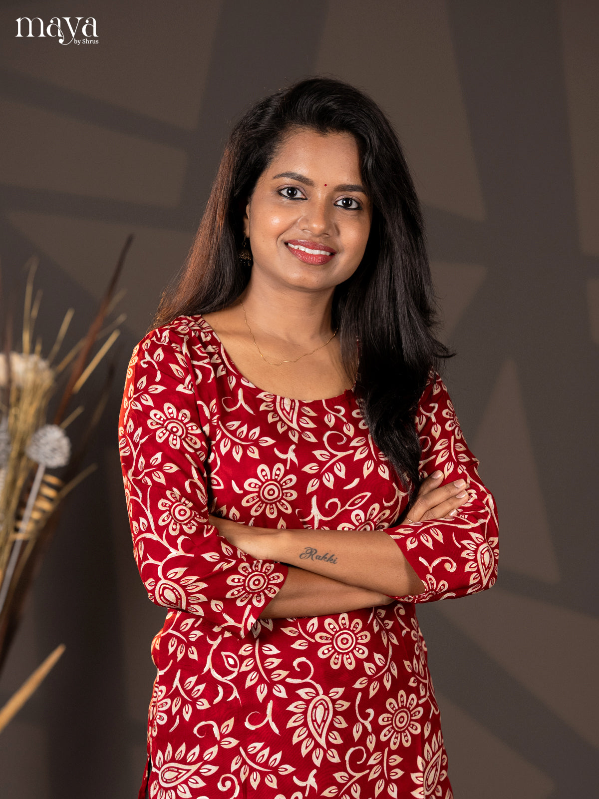 Maroon Floral Printed Rayon Straight Kurti