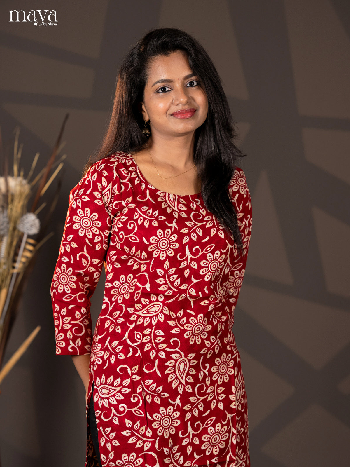 Maroon Floral Printed Rayon Straight Kurti