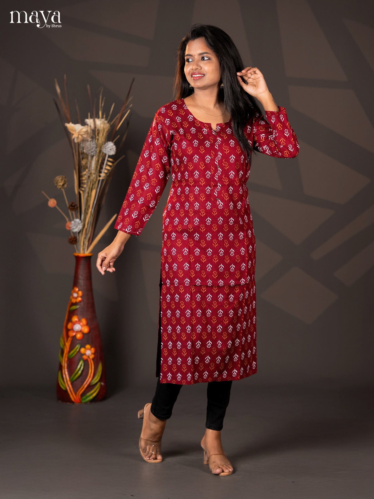 Maroon Floral Printed Rayon Straight Kurti