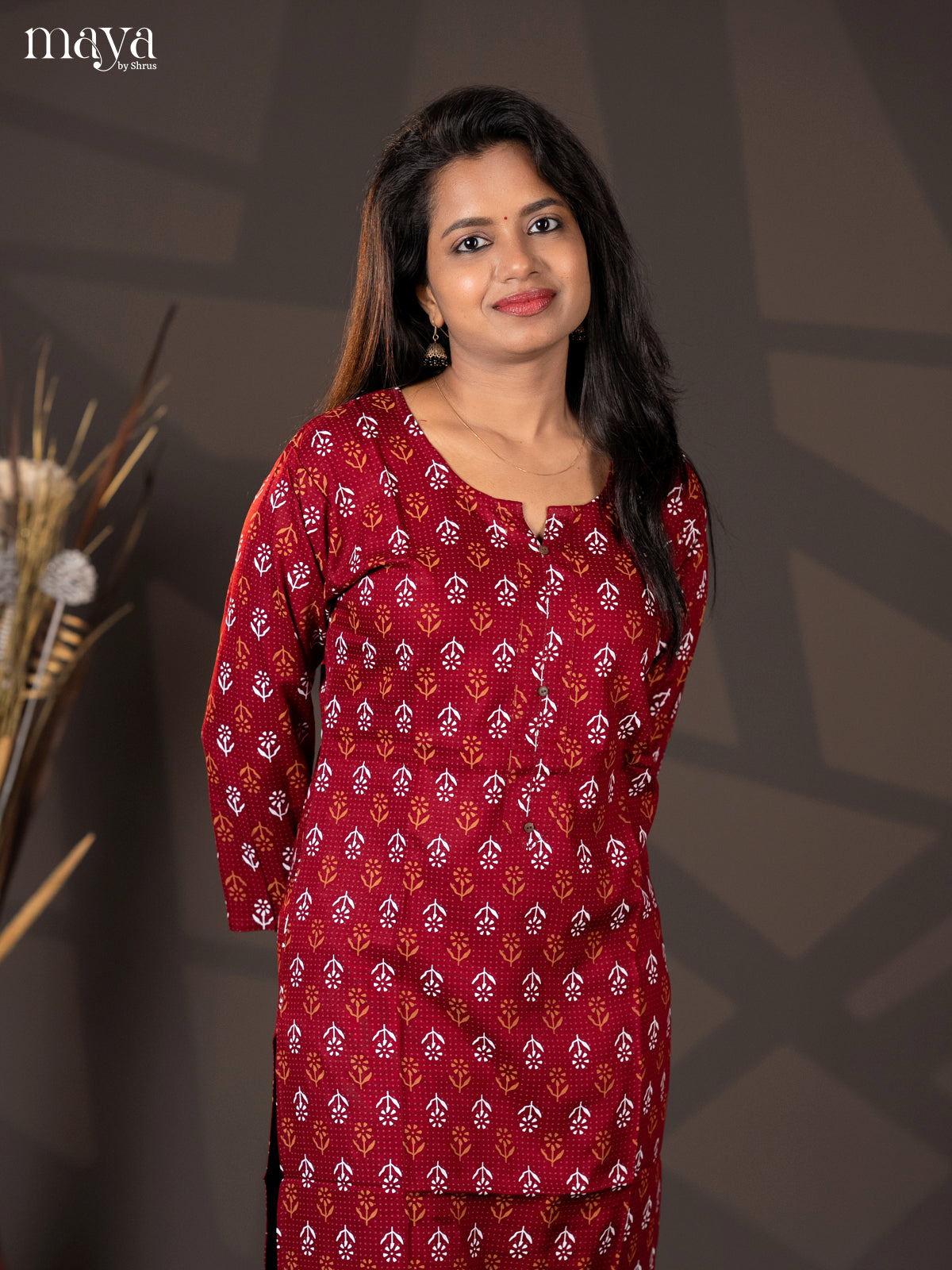 Maroon Floral Printed Rayon Straight Kurti
