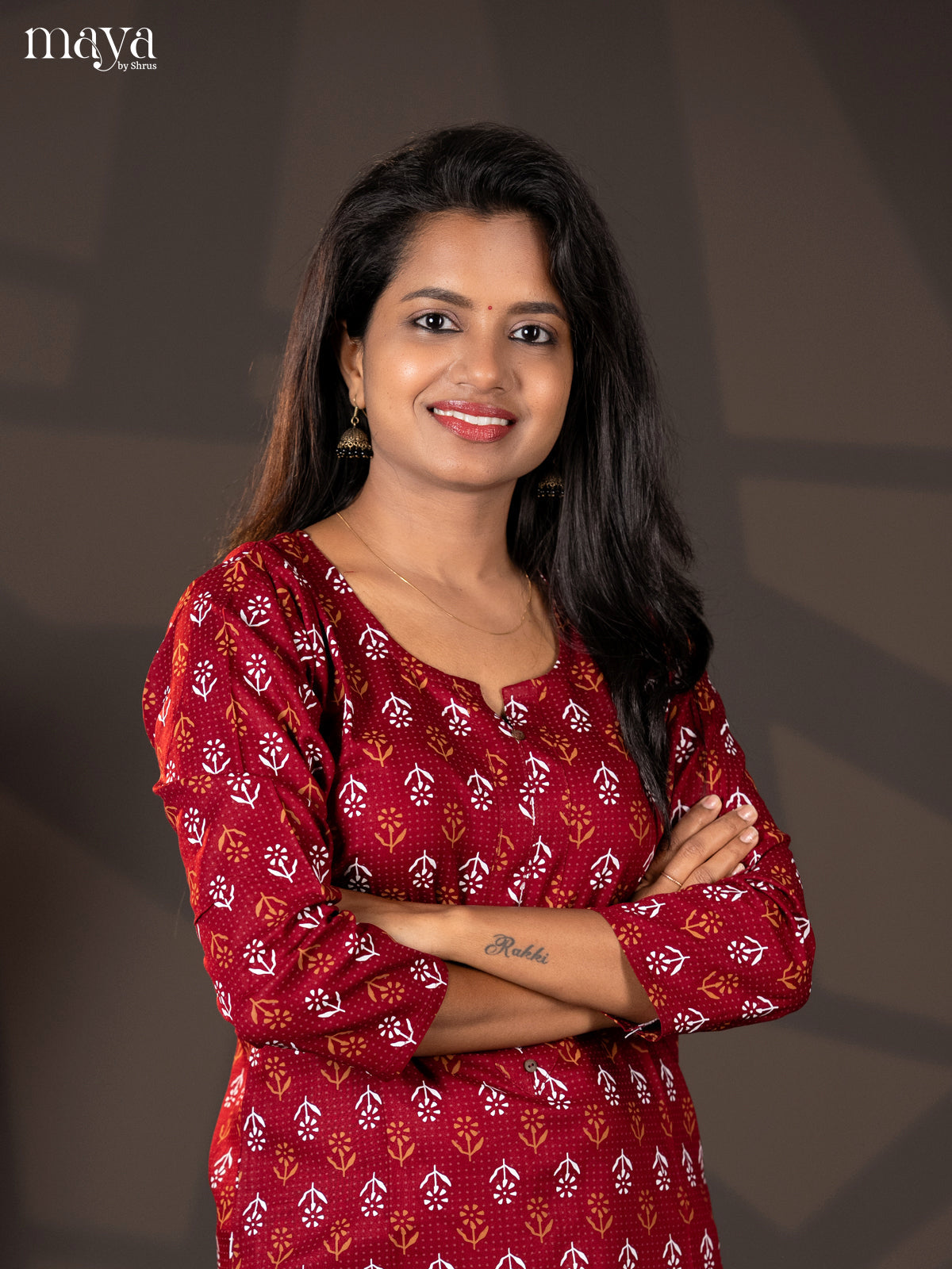 Maroon Floral Printed Rayon Straight Kurti