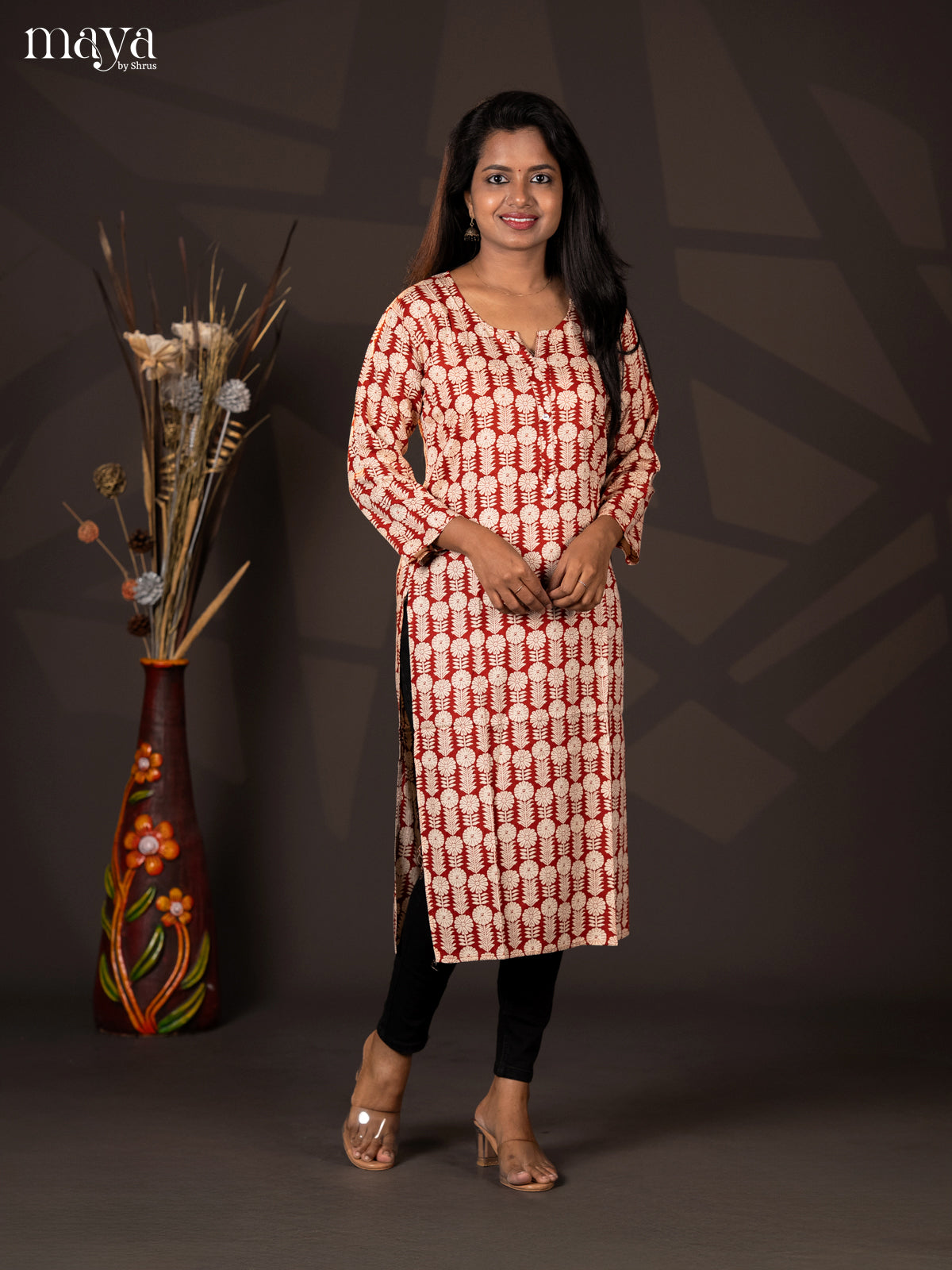 Reddish Brown Block Printed Rayon Straight Kurti