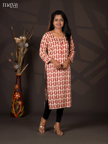 Reddish Brown Block Printed Rayon Straight Kurti