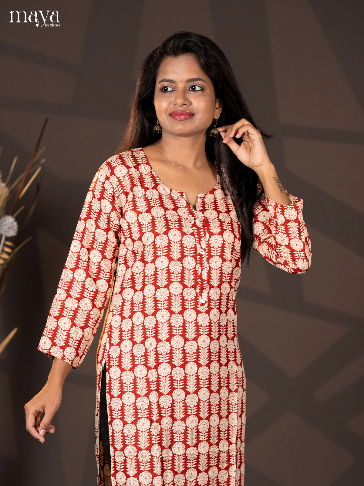 Reddish Brown Block Printed Rayon Straight Kurti