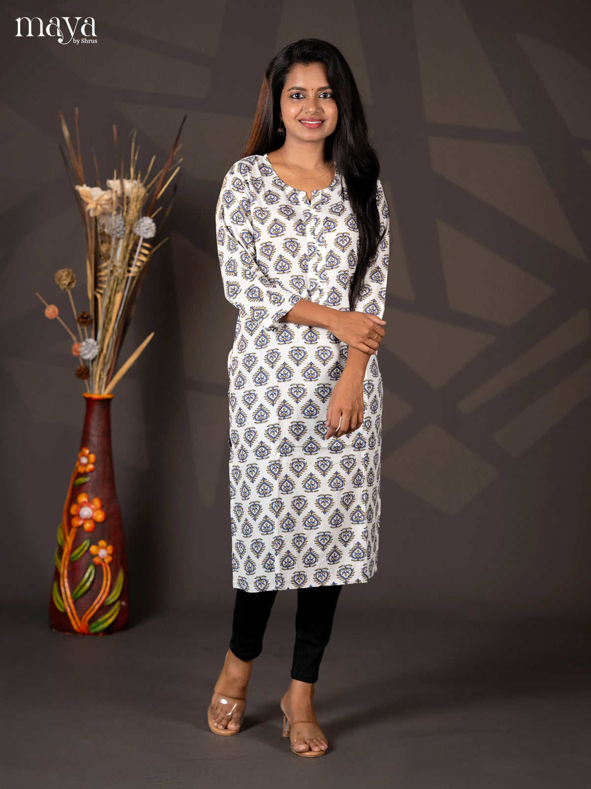 White Bagur printed Rayon Straight Kurti
