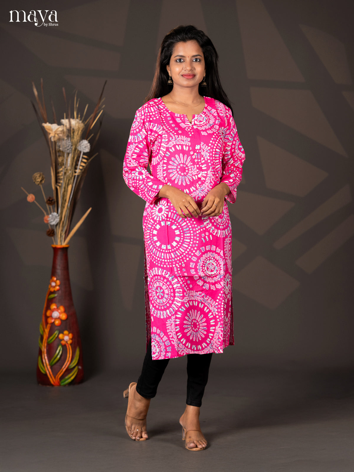 Pink Batik Printed Rayon Straight Kurti