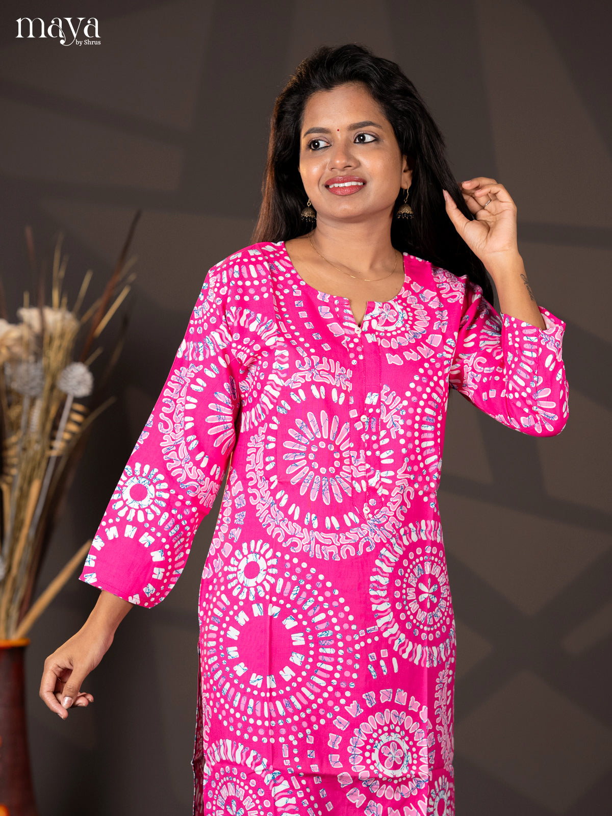 Pink Batik Printed Rayon Straight Kurti