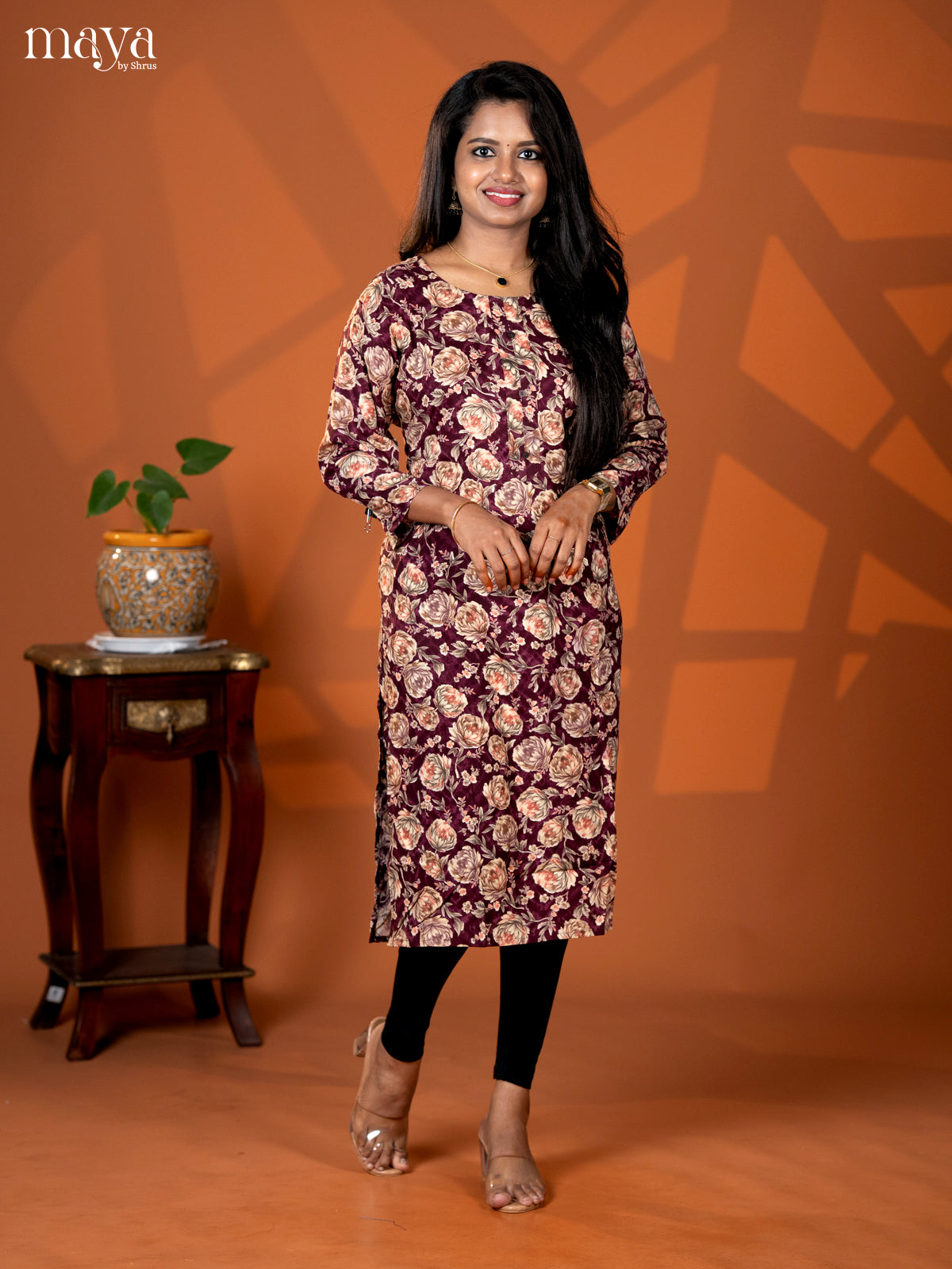 Dark Brown Floral Printed Rayon Straight Kurti