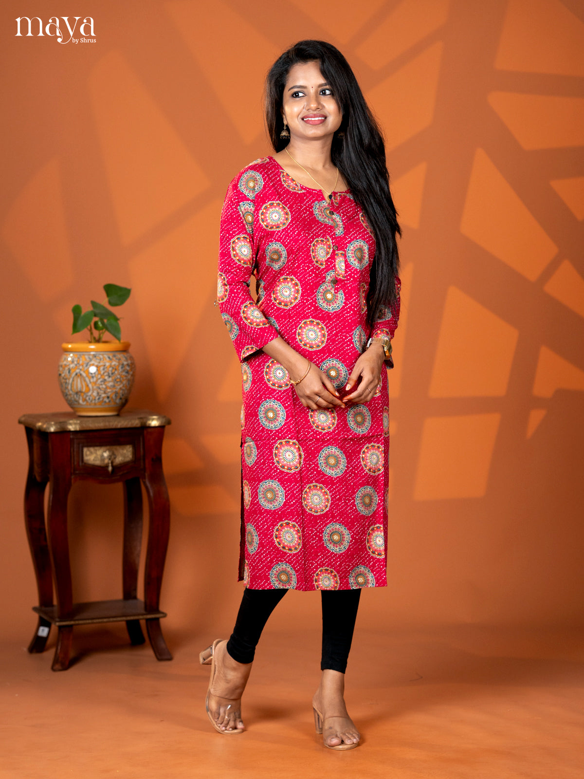 Pink Mandala Printed Rayon Straight Kurti