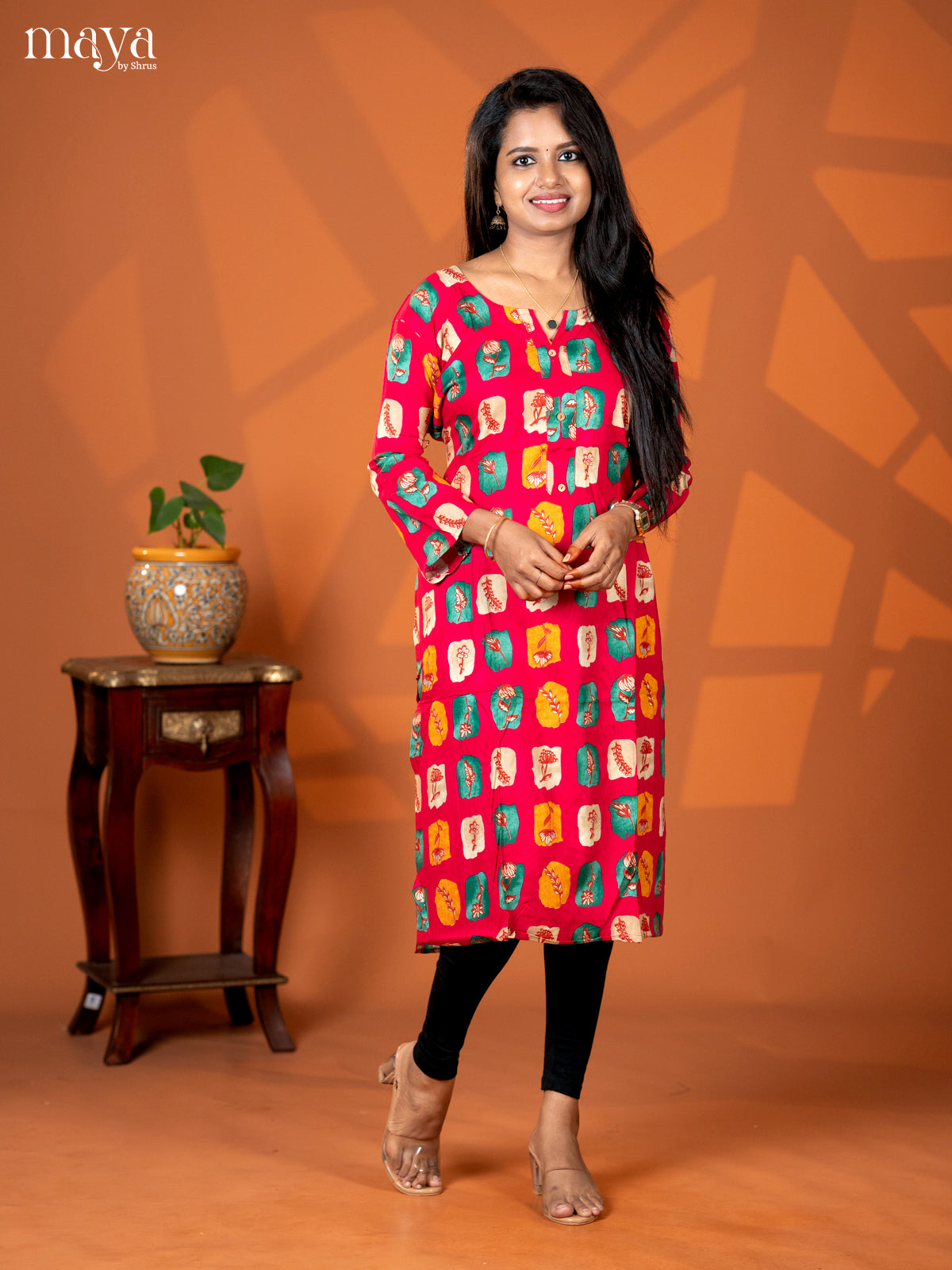 Pink Abstract Flroal Printed Rayon Straight Kurti