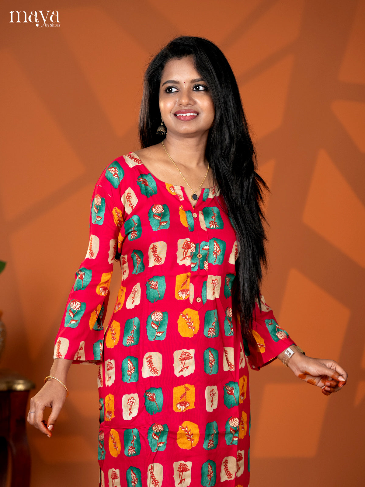 Pink Abstract Flroal Printed Rayon Straight Kurti