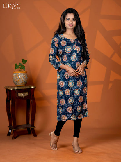 Peacock Blue Mandala Printed Rayon Straight Kurti