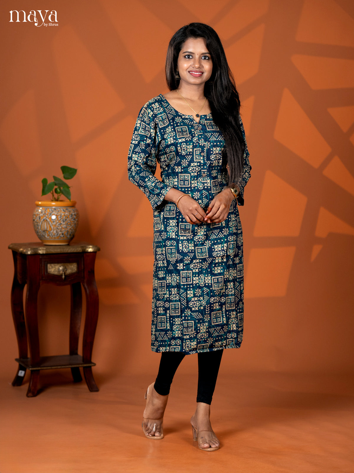 Peacock Blue Floral Printed Rayon Straight Kurti