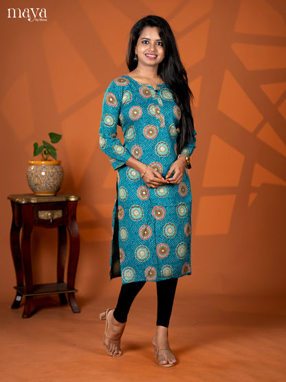 Rama Blue Mandala Printed Rayon Straight Kurti