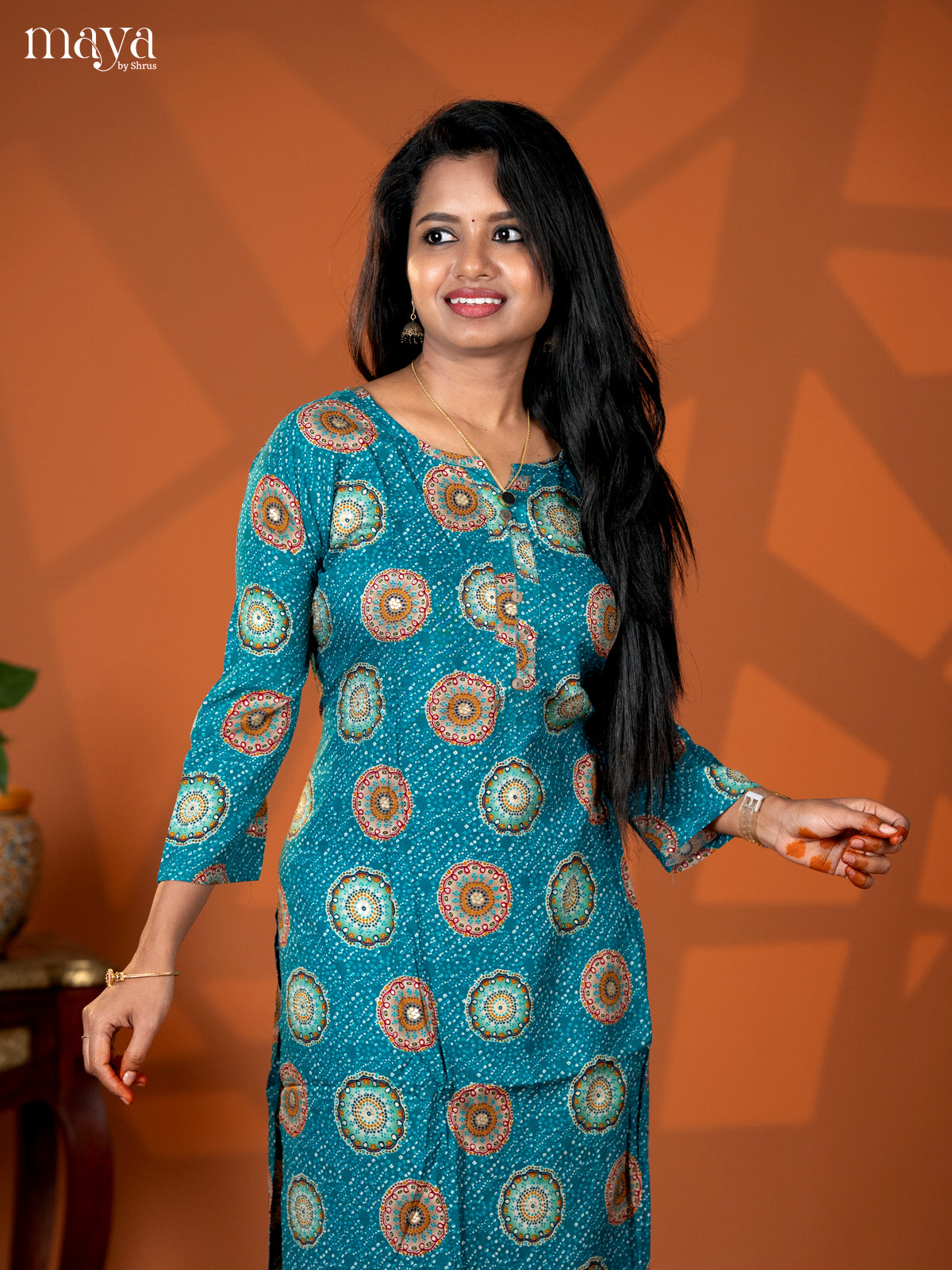 Rama Blue Mandala Printed Rayon Straight Kurti
