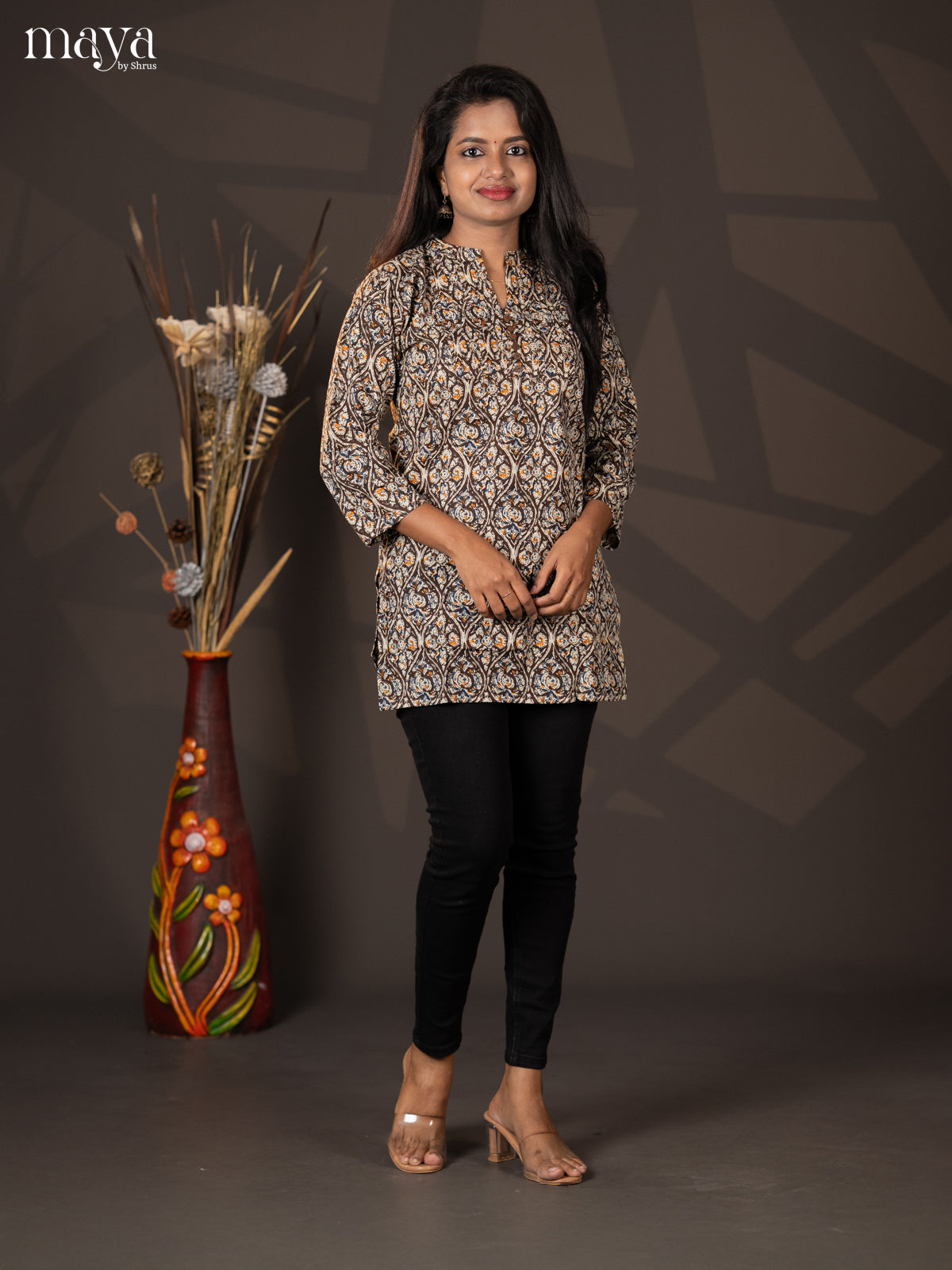 Dark Brown Kalamkari Handblock Printed Cotton Straight Short Kurta