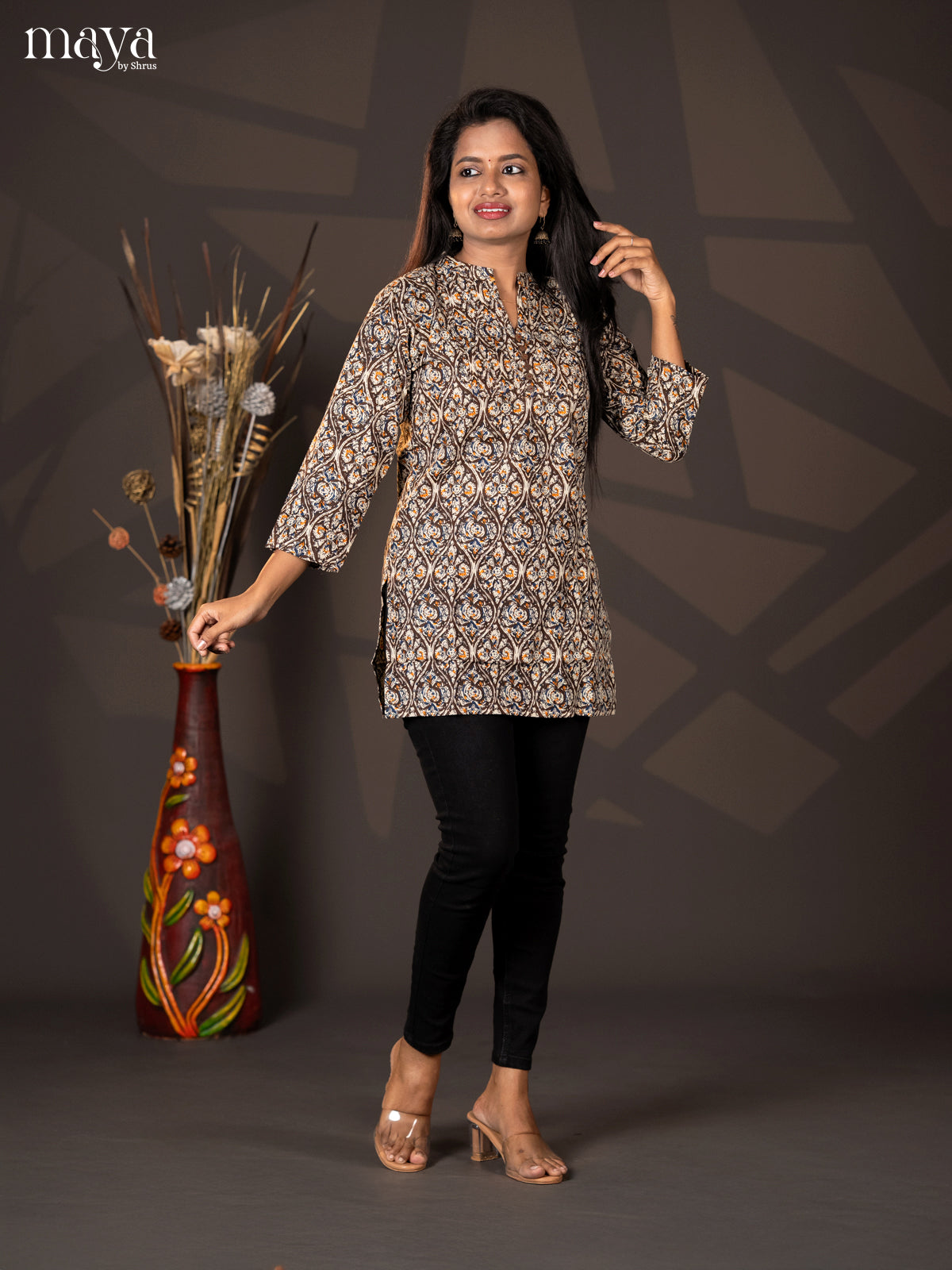 Dark Brown Kalamkari Handblock Printed Cotton Straight Short Kurta