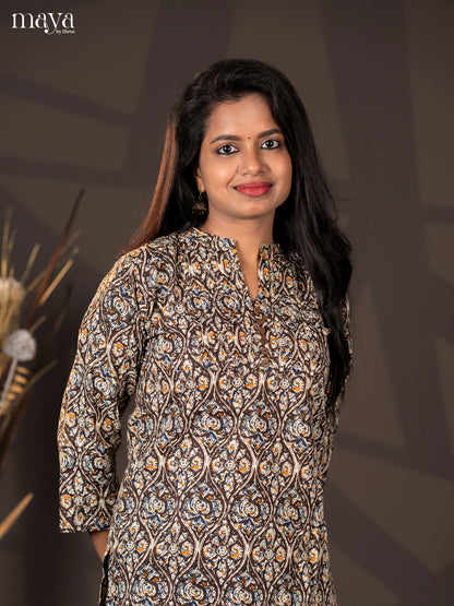 Dark Brown Kalamkari Handblock Printed Cotton Straight Short Kurta