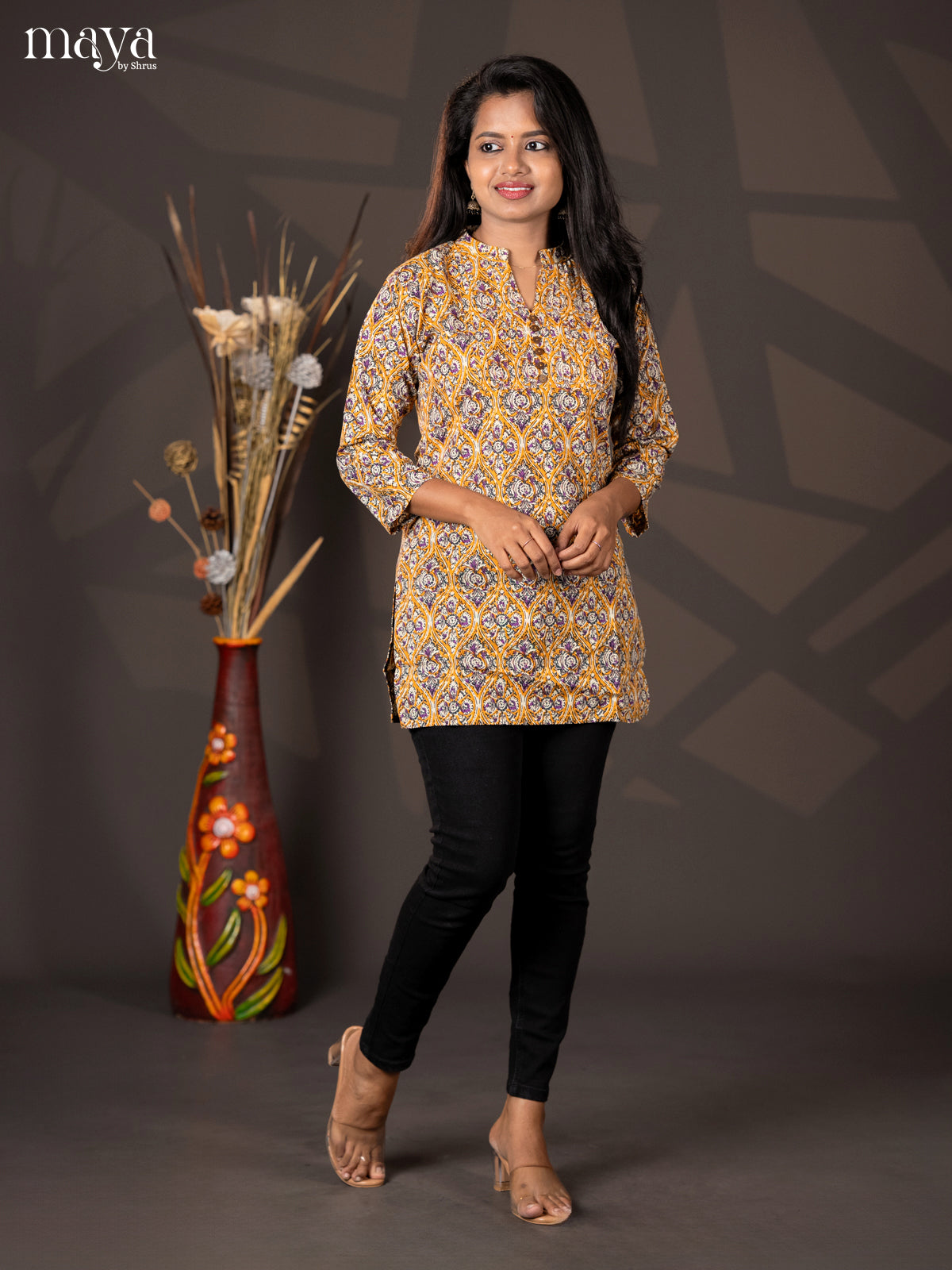 Mustard yellow with purple Kalamkari Handblock Printed Straight Short Kurta
