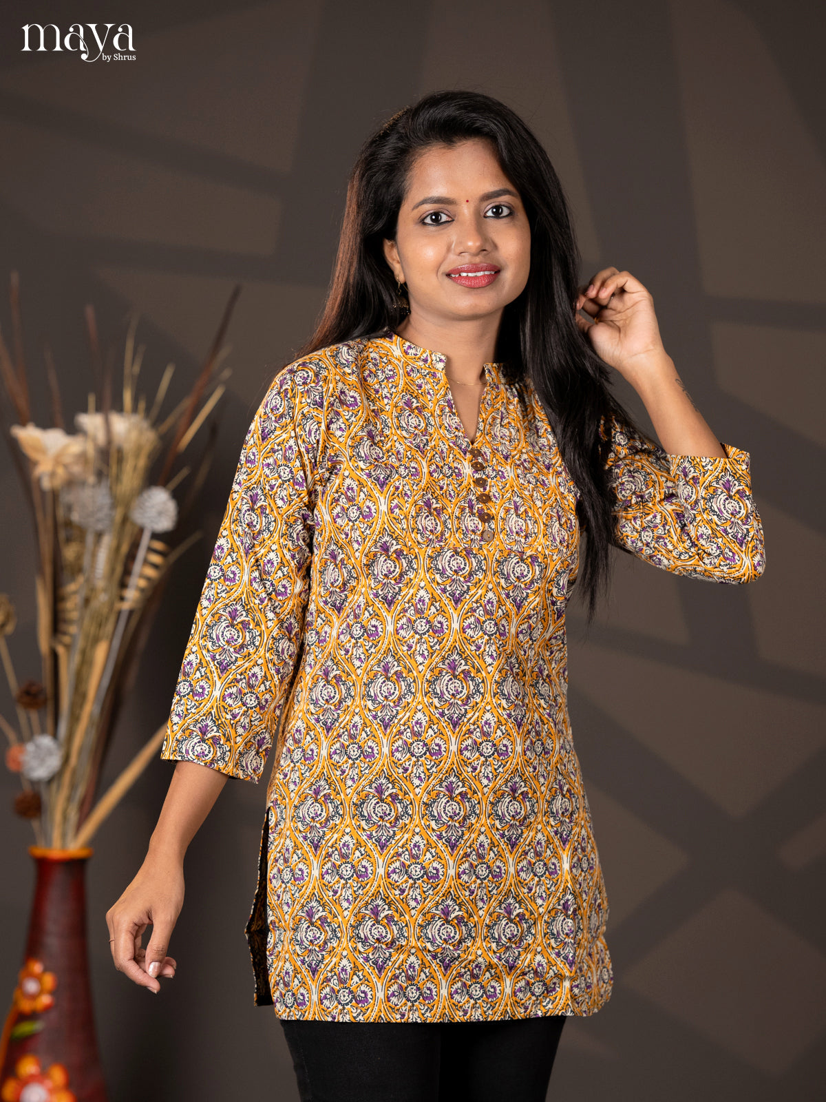 Mustard yellow with purple Kalamkari Handblock Printed Straight Short Kurta