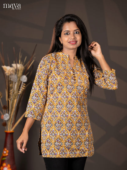 Mustard yellow with purple Kalamkari Handblock Printed Straight Short Kurta