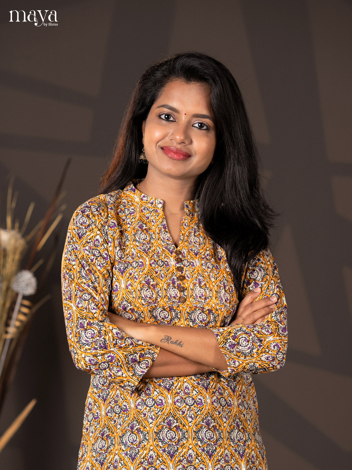 Mustard yellow with purple Kalamkari Handblock Printed Straight Short Kurta