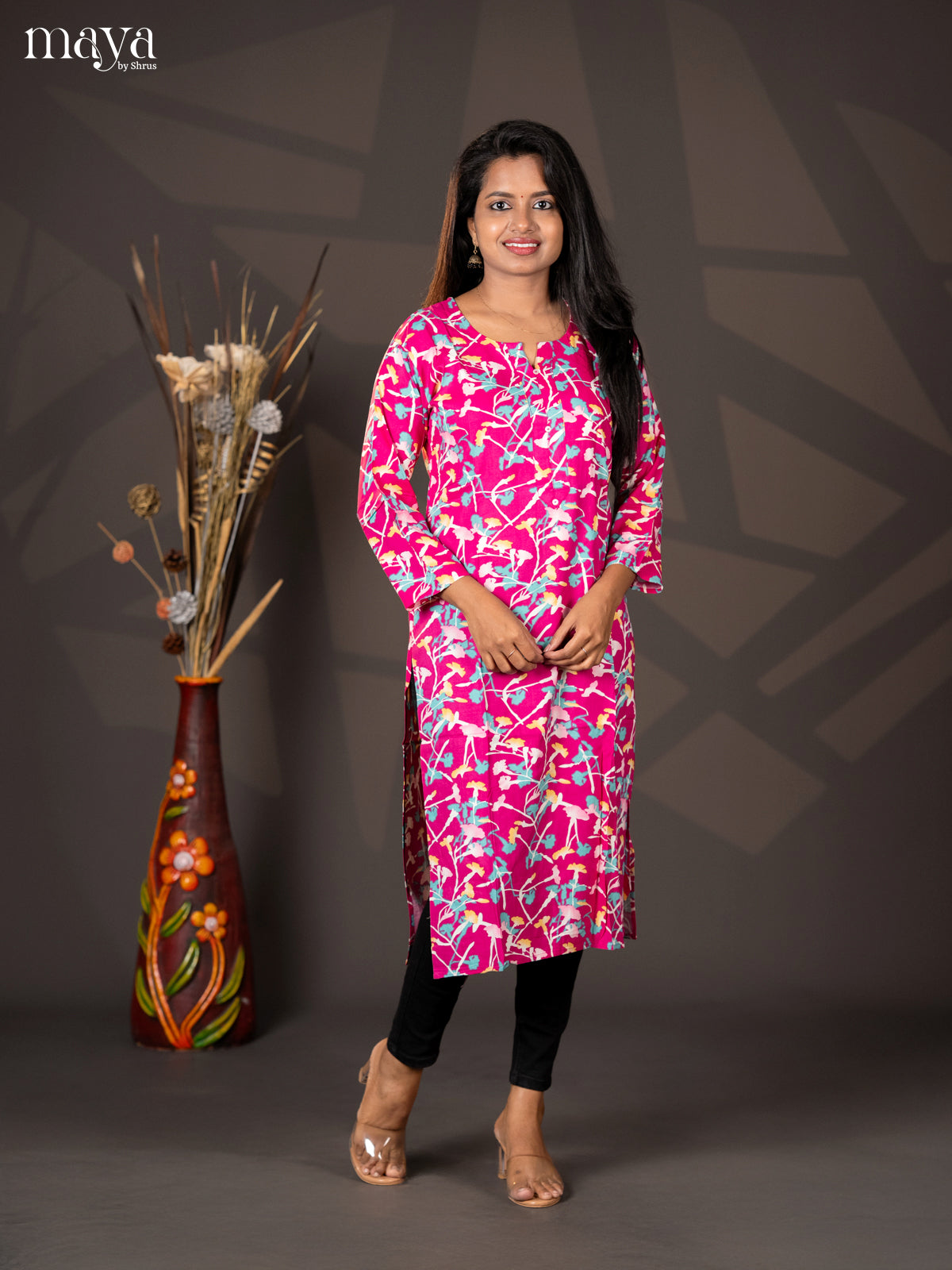 Pink Floral Printed Rayon Straight Kurti