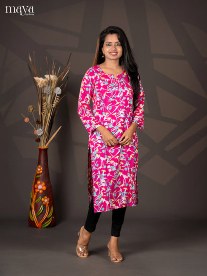 Pink Floral Printed Rayon Straight Kurti