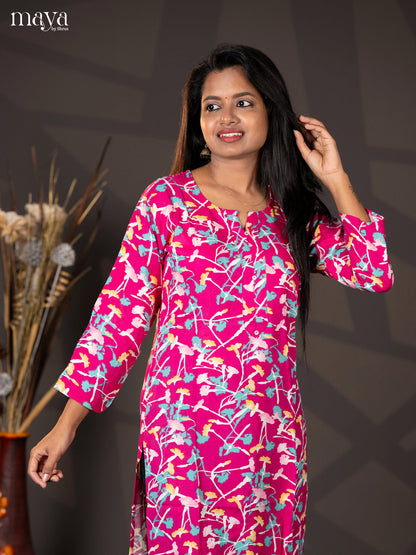Pink Floral Printed Rayon Straight Kurti