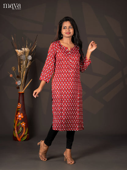 Red Floral Printed Cotton Straight Kurti