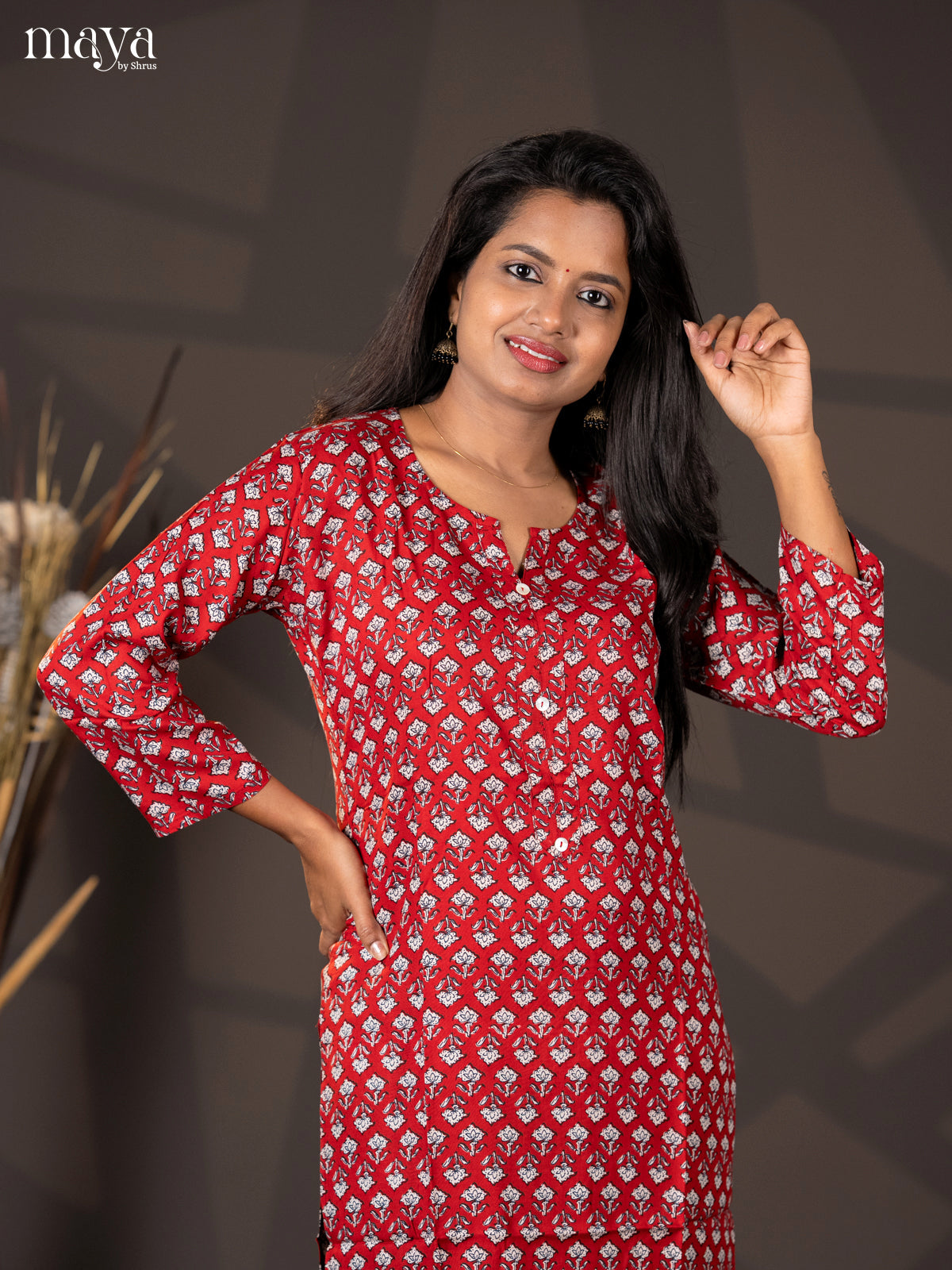 Red Floral Printed Cotton Straight Kurti