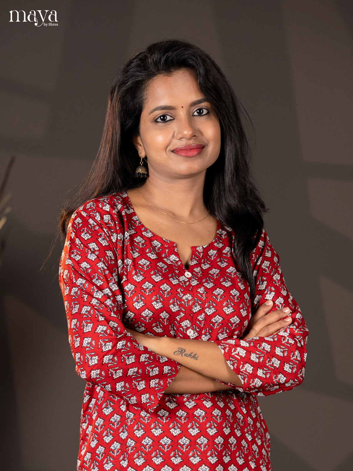 Red Floral Printed Cotton Straight Kurti