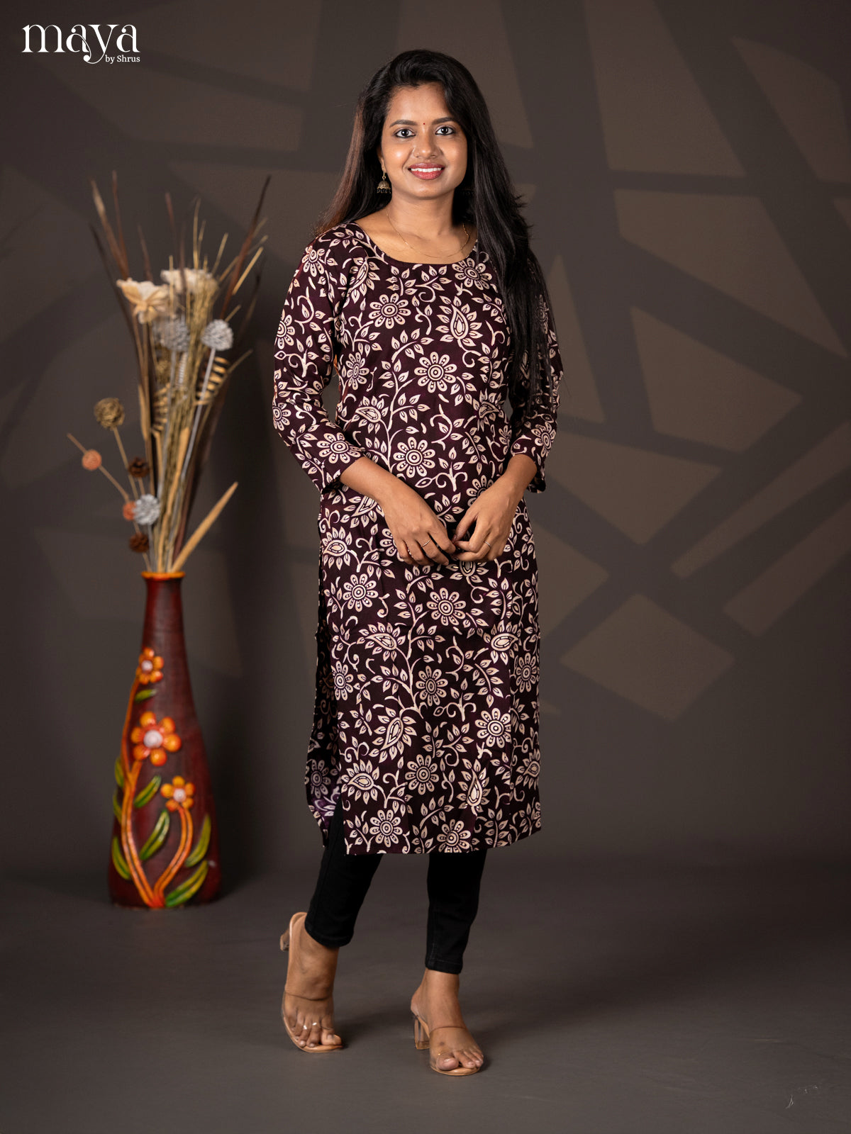 Dark Brown Floral printed Rayon Straight Kurti