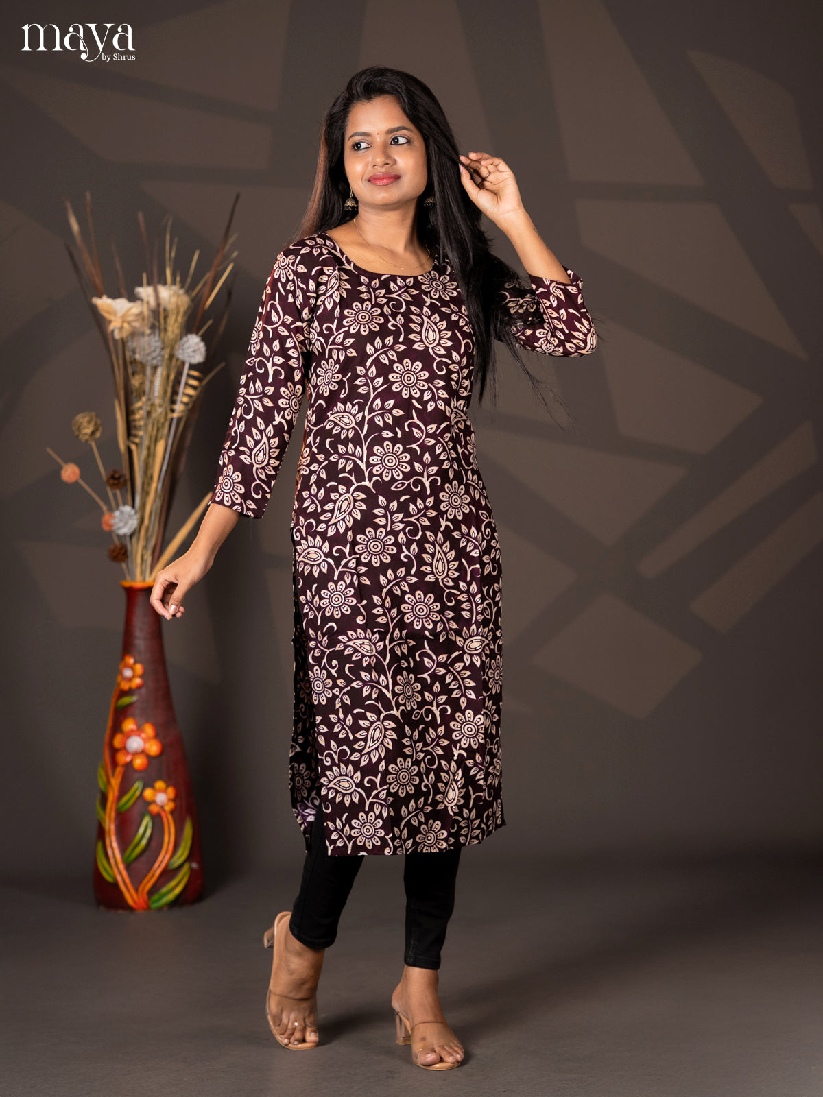 Dark Brown Floral printed Rayon Straight Kurti